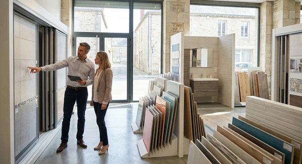 Technicien ou conseiller de C&eacute;ramique Design en tenue professionnelle discutant avec un client dans le showroom de Corps-Nuds, pointant ou expliquant des &eacute;chantillons de carrelage ou rev&ecirc;tements de sol expos&eacute;s sur les pr&eacute;sentoirs, avec des finitions de salle de bains visibles en arri&egrave;re-plan. L'atmosph&egrave;re doit &ecirc;tre professionnelle, collaborative et ancr&eacute;e dans l'univers des mat&eacute;riaux de construction et de l'am&eacute;nagement int&eacute;rieur.