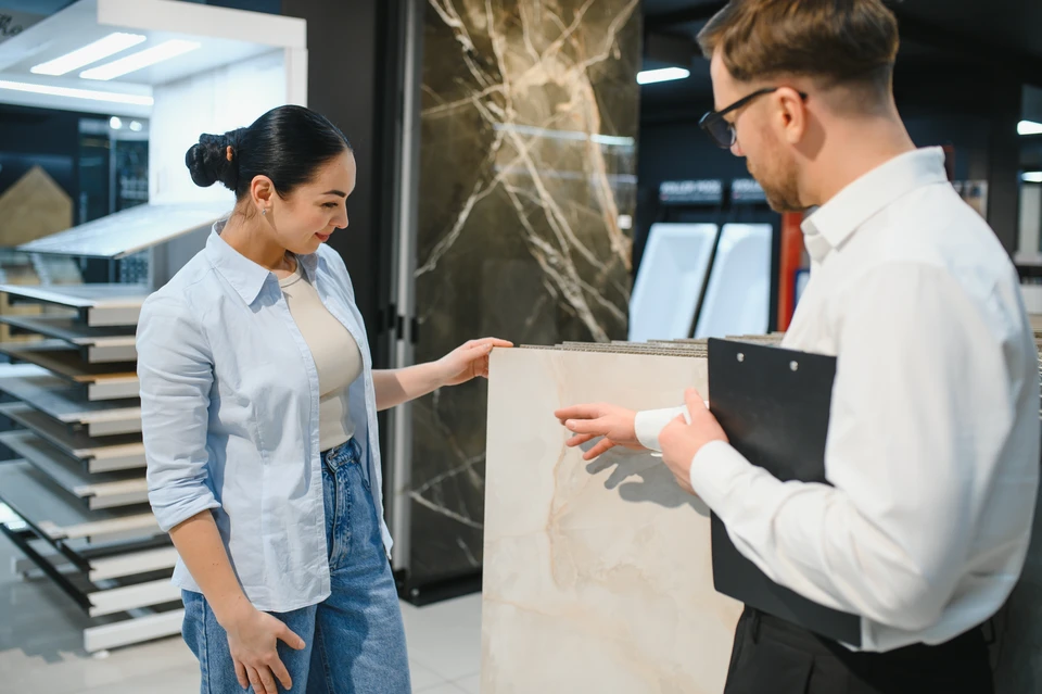 Consultant Femme vendeuse conseillant la cliente avec des &eacute;chantillons de couleur et de texture pour la salle de bain