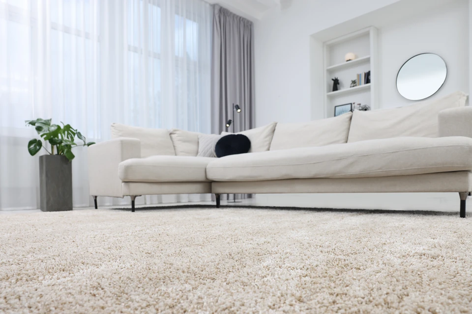 Photographie en plongée d'une moquette beige ou grise clair, douce et texturée, installée dans un intérieur moderne. La moquette doit montrer sa douceur et son confort, avec une qualité de fibre visible mais invitante. On peut voir partiellement des pieds ou une personne marchant dessus, ou simplement la surface de la moquette bien éclairée dans un environnement intérieur chaleureux avec mobilier discret en arrière-plan, pour illustrer le concept de cocon chaleureux et apaisant dans l'intérieur.