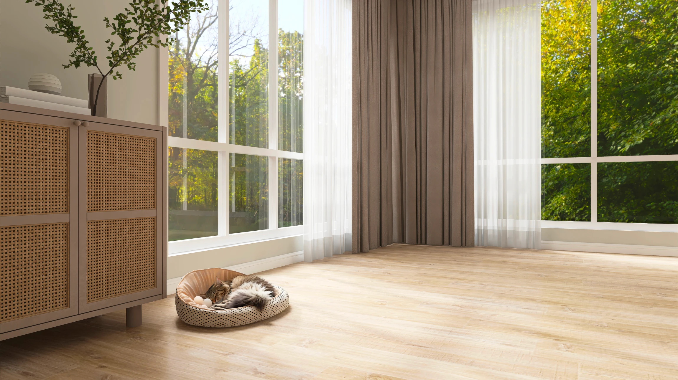 Plancher en bois clair aux tons naturels, surface uniforme composée de lames rectangulaires disposées en quinconce
