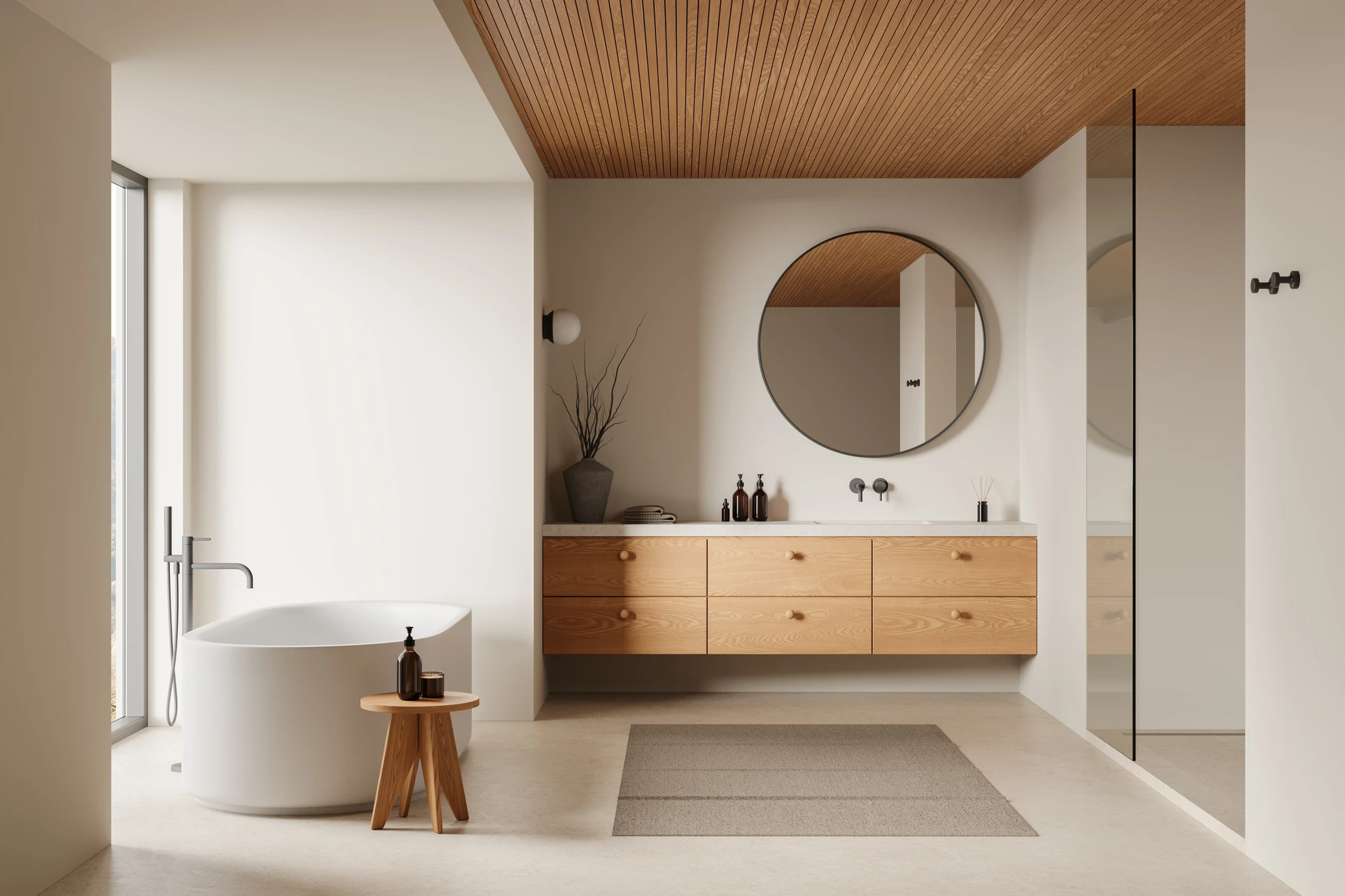 Salle de bain moderne épurée avec baignoire îlot blanche ovale, meuble vasque suspendu gris anthracite, robinetterie chromée contemporaine