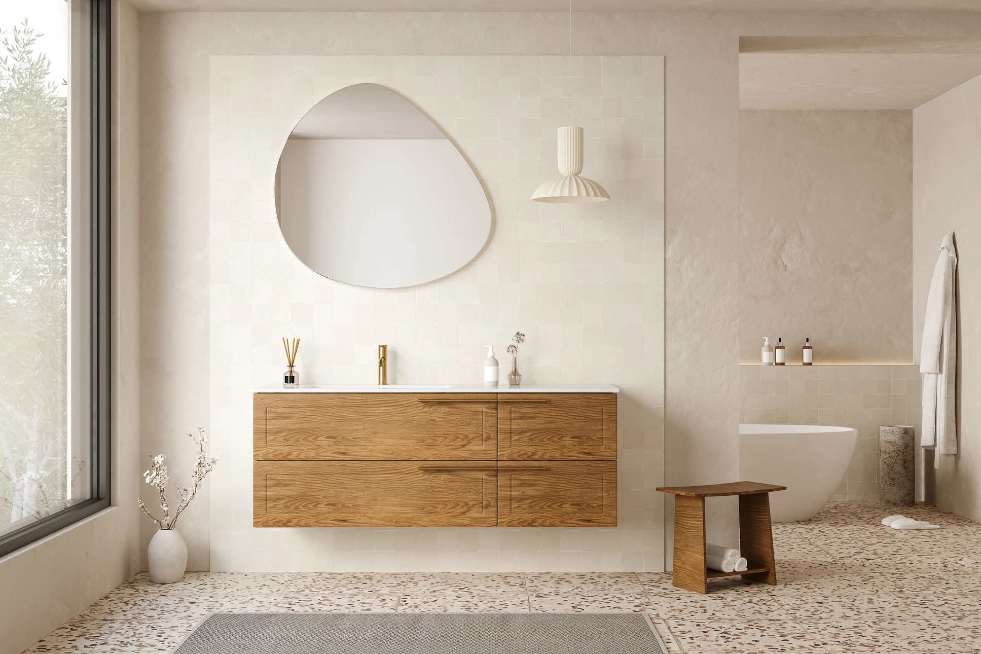 Salle de bain moderne avec vasque rectangulaire blanche suspendue, robinetterie murale en laiton brossé, miroir rétroéclairé LED, meuble sous-vasque anthracite à tiroirs